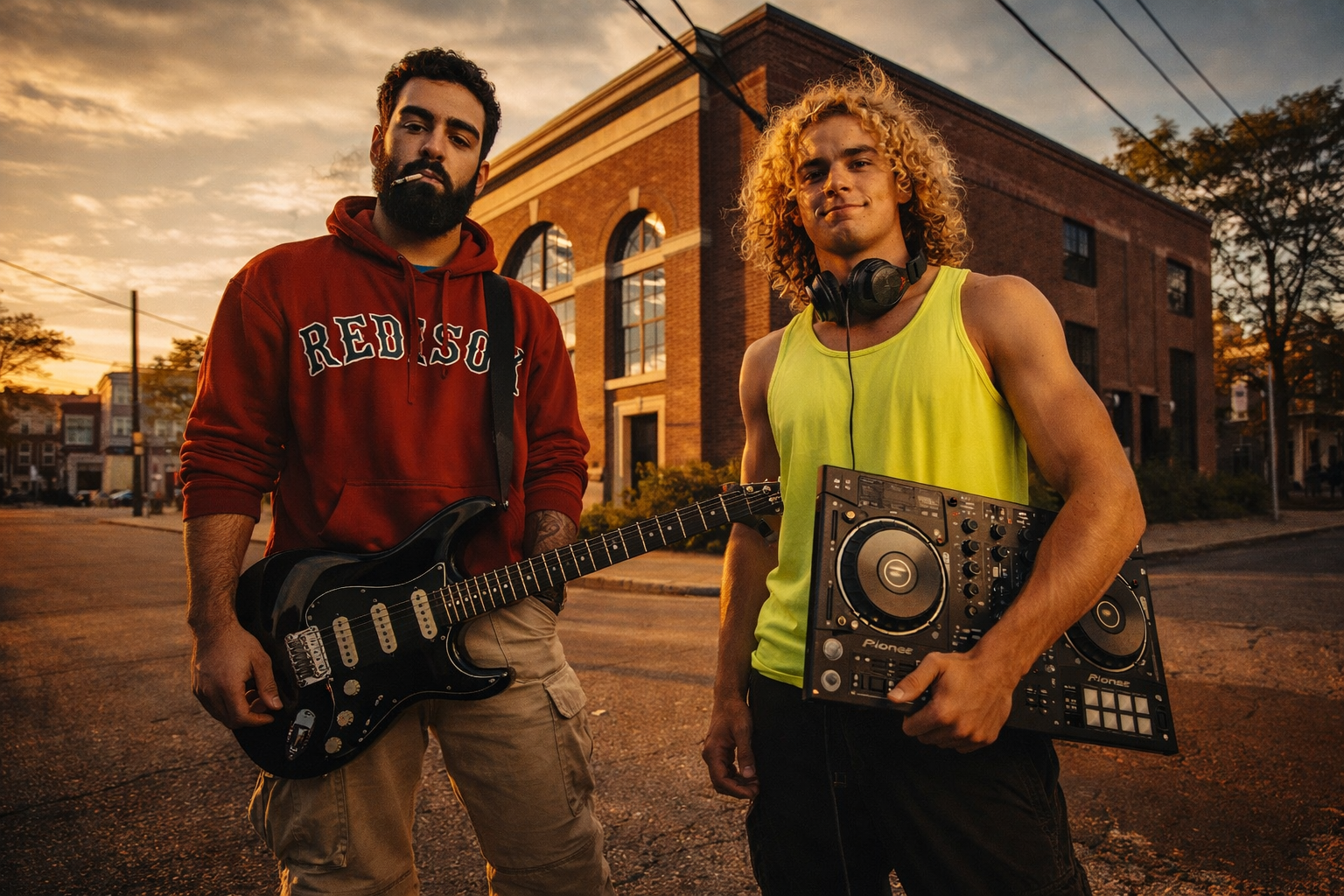 The Manholes — guitar and DJ deck on a Somerville street